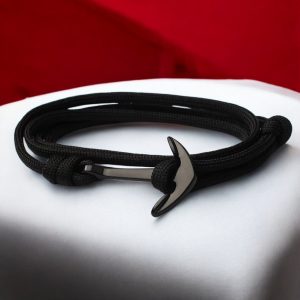 Horgony medálos állítható cord karkötő - Fekete