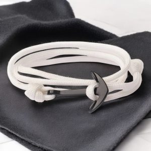 Horgony medálos állítható cord karkötő - Fehér