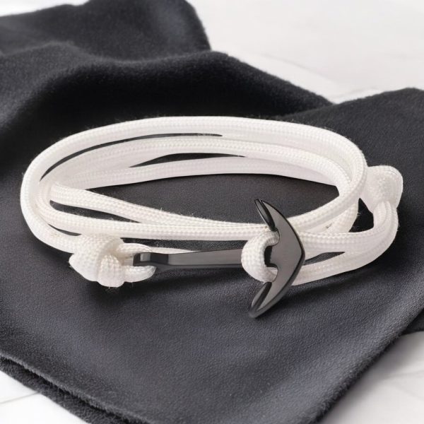 Horgony medálos állítható cord karkötő - Fehér