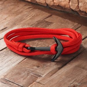 Horgony medálos állítható cord karkötő - Piros