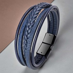 Többsoros mágnescsatos bőr karkötő - Blue