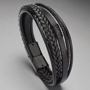 Többsoros mágnescsatos bőr karkötő - Black