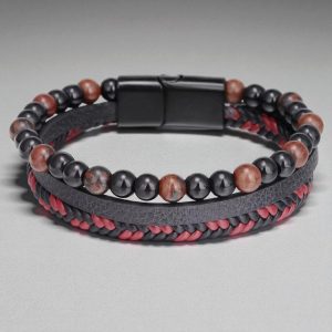 Többsoros mágnescsatos bőr/ásvány karkötő - Tiger red