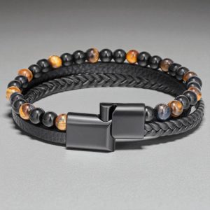 Alternative view of Többsoros mágnescsatos bőr/ásvány karkötő - Tiger yellow