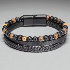 Többsoros mágnescsatos bőr/ásvány karkötő - Tiger yellow