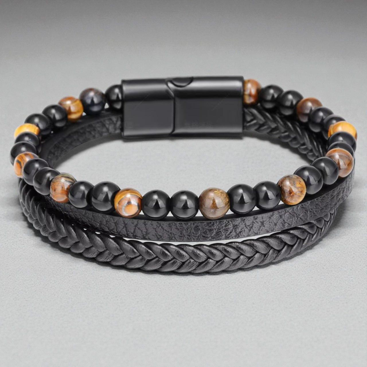 Többsoros mágnescsatos bőr/ásvány karkötő - Tiger yellow