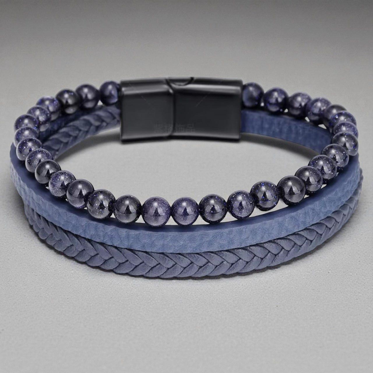 Többsoros mágnescsatos bőr/ásvány karkötő - Tiger blue